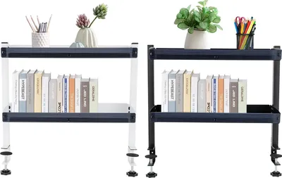 Zdjęcie produktu dla Półka na biurko z zaciskami - 2-poziomowy organizer - Regulowana półka - Mocowana do krawędzi - Oszczędność miejsca - Czarny