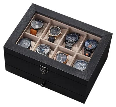 Immagine prodotto di Scatola per orologi in legno con 8 scomparti, in vetro, colore nero, dimensioni 19 x 27 x 12,5 cm