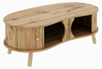 Image de Table basse en forme de haricot - Table de salon - 2 portes coulissantes avec espace de rangement - Aspect bois - Pieds en bois massif - MDF