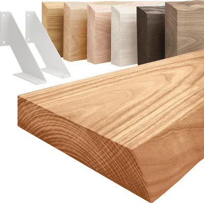 Image de LAMO Manufaktur Étagère murale avec supports en V blancs | Etagere 50 cm largeur pour salle de bain, couloir, cuisine style industriel | Couleur: foncé, Bord: naturel | Qualité artisanale, bois massif