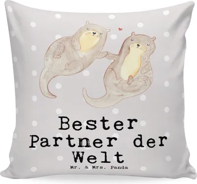 Produktbild von Mr. & Mrs. Panda kissen bedruckt Otter Bester Partner der Welt - Grau Pastell - Geschenk, 40x40, Liebe, Ehefrau, Mann, für sofa, Freund, Kuschel, Polster, Sofakissen