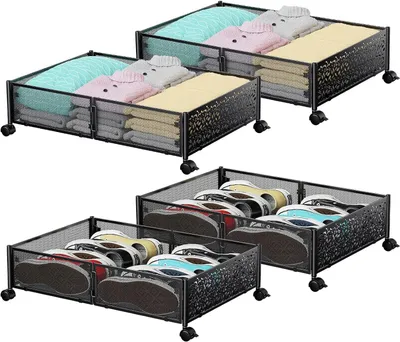 Unterbett-Aufbewahrungsbox, Metall, Rollen, Schwarz, 4 Stück