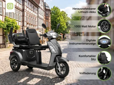 Produktbild von E-Seniorenmobil Billy 2.0, Lithium-Akku, 3-Rad, 1000 Watt, Grau