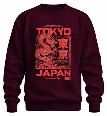 Zdjęcie produktu dla Bluza z kapturem, motyw: Tajemniczy wschodni smok Ryū, styl Ukiyo-e, Azja, Y2K. Kolor: bordo. Rozmiar: M