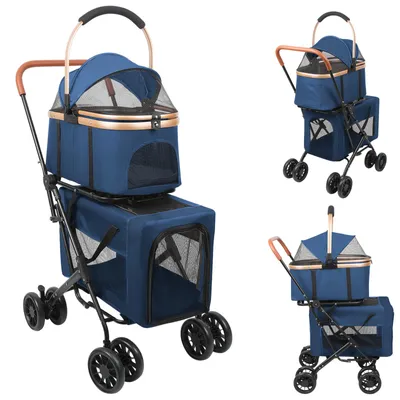 Produktbild von 2. Stock Hundebuggy Hundebox Faltbar Katzenbuggy mit Netzfenstern für 1 oder 2 Hunde Blau