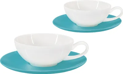 Produktbild von Buchensee Teetassen Porzellan / Teetassen Set Lena mit rundem Unterteller, 2 Tassen je 200ml, weiß/türkis, Crystal Bone China
