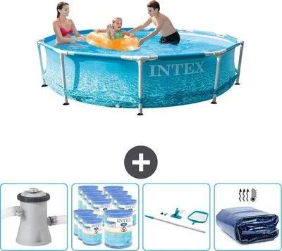 Produktbild von Beige Rundes Schwimmbecken - 305 x 76 cm - Wasserdruck - Komplett mit Pumpe und Filter - Reinigungssatz - Sonnenschutzvorhang