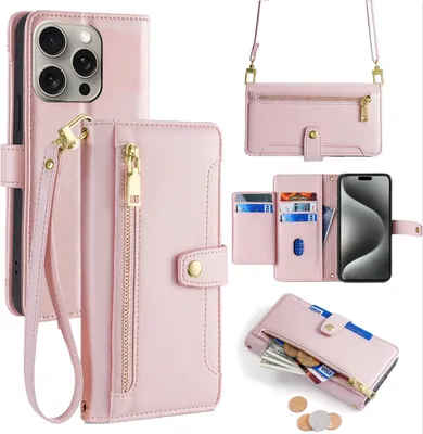 Produktbild von Handykette iPhone Hülle mit Band Handyhülle Kartenfächer Kunstleder Umhängetasche iPhone 15 Pro Max Rosa