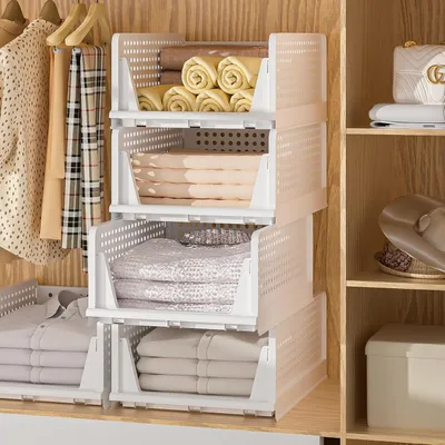 Produktbild von 4 Set Faltbar Plastik Lagerkisten,Stapelbare Kleiderschrank Organizer,Aufbewahrungsboxen Regal Körbe Transport boxen für Küchen Schlafzimmer 33x43x72