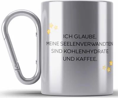 Produktbild von Trendation - Lustige Edelstahl Tasse Karabiner mit Spruch für Frauen Männer Arbeit Büro Lustig Edelstahl Tasse Karabinern Becher mit Sprüchen Kollegin Geschenk Sarkasmus Kohlenhydrathe und Kaffee (Silber)