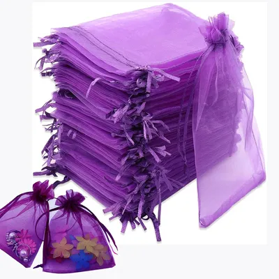 Produktbild von 110 Lila Organzasäckchen, 10x15cm Geschenksäckchen mit Kordelzug für verschiedene Anlässe