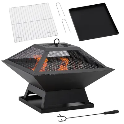 Obrázek produktu pro Venkovní ohniště – čtvercová ohnivá mísa – ocel – s ochranným krytem – pro zahradu a terasu – 45x45x34 cm – černá barva