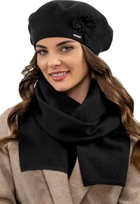 Produktbild von Vivisence damen baskenmütze eleganter wintermütze und schal set warm kopfbedeckung und halsbedeckung an winter und herbst warm dick, winterset für frauen, hergestellt in der eu, schwarz, einheitsgröße