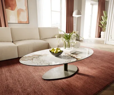 Produktbild von DELIFE Couchtisch Edge Oval 140x80 cm Keramik Minas Melange Vibany Metall Effektfinish Titan