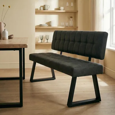 Produktbild von Esszimmerbank KORSI mit Vintage-Lederoptik im Used Look, Schwarz - Sitzbank für Esszimmer und Küche, Esszimmerbank mit Lehne und Polster, Robuste Küchenbank mit Metallgestell, Sitzbank für 3 Personen