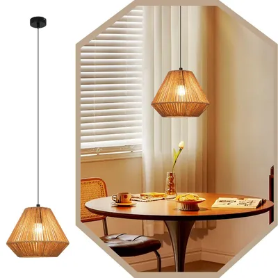 Image de ZMH Lampe à Suspendre Vintage Lampe à Suspendre de Table de Salle à Manger Diamant Design Lampe à Suspendre 1 Flamme Rotin E27 Lampe de Table de Salle à Manger pour Chambre Lit Salon Couloir(ampoule non incluse)