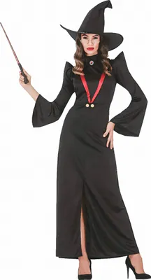 A woman wearing a witch costume and holding a wand.