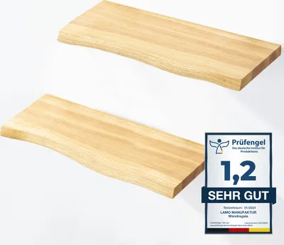 Two wooden shelves are displayed against a white background, with a quality seal in the lower right corner.