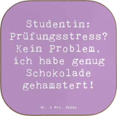 Produktbild von Mr. & Mrs. Panda Tischuntersetzer Spruch Studentin Schokoladenliebe - Lavendeltraum - Geschenk, Prüfungsangst, Bibliothek, Freude machen, Beruf, Untersetzer für Gläser