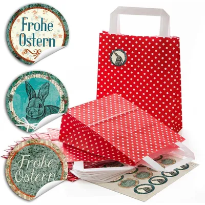 Produktbild von 24 kleine rot weiß gepunktete Papiertüten Geschenktüte 18 x 8 x 22 cm kleine Papiertaschen + 24 Oster-Aufkleber beige natur Kraftpapier FROHE OSTERN Verpackung Ostergeschenke give-awayOsterhase grün