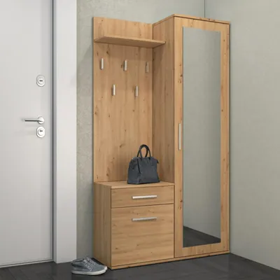 Produktbild von beautysofa Kompakt-Garderoben-Set Fiora Artisan, 120 cm breit, 3-teilig: Garderobenschrank, Paneel, Schuhschrank, inkl. Spiegel, 16mm laminierte Spanplatte mit ABS-Kante, links/rechts montierbar, Selbstmontage