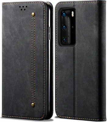 A black flip-style phone case for a Huawei P40 Pro is shown.