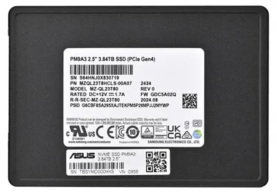 Immagine prodotto di Disco SSD Samsung PM9A3 da 3,84 TB, interfaccia U.2, tecnologia NVMe Gen4 (DWPD 1)