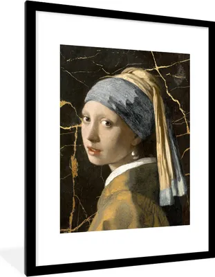 Produktbild von MuchoWow® Gerahmtes Poster Mädchen mit einem Perlenohrring - Alte Meister - Marmor 60x80 cm - Poster mit Schwarzem Bilderrahmen Wandposter Rahmen Foto Bilder - Wohnzimmer - Dekorationen - Prämie