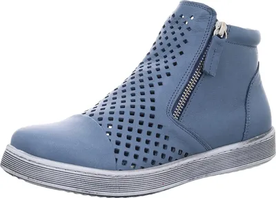 A single blue women's bootie with a perforated design and a side zipper, shown against a white background.
