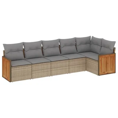 Produktbild von 6-teilige Garten-Lounge-Sitzgruppe, modulares Sofa-Set für Terrasse, UV-beständiges Poly Rattan Beige, mit abnehmbaren hellgrauen Kissen