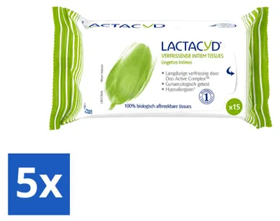 Zdjęcie produktu dla 5 sztuk chusteczek do pielęgnacji intymnej Lactacyd, odświeżające – biodegradowalne – opakowanie ekonomiczne