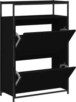 A black shoe cabinet with two open flip-down drawers.