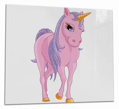 Produktbild von Wallario Herdabdeckplatte aus Glas, Größe 60 x 52 cm 1-teilig, Motiv Einhorn in rosa mit Schweif in lila II
