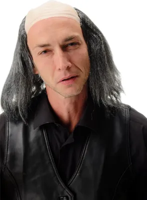 A man wearing a costume wig.