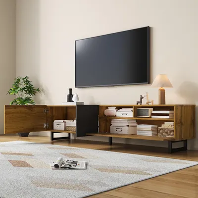 Image de MODFU Meuble TV - Design contemporain avec 3 portes, 2 niches ouvertes et pieds métalliques - 170 × 36,5 × 42 cm - Couleur bois