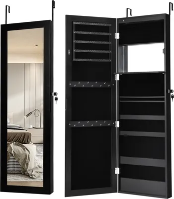 Produktbild von GOPLUS Schmuckschrank mit Spiegel, Spiegelschrank hängend mit LED-Beleuchtung, Wandschrank mit Innenspiegel & klappbarer Ablage, Wandmontage & Türmontage (Schwarz)