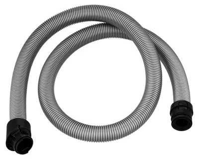 A flexible, ribbed hose with black connectors on both ends, coiled on a white background.