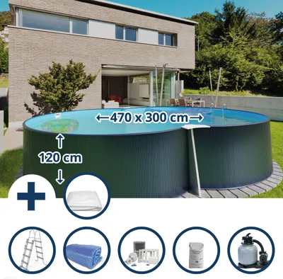 Produktbild von Stahlwandpool Set (7-teilig) hoch achtform 470x300x120 cm, Stahl 0,4 mm anthrazit Folie 0,4 mm blau