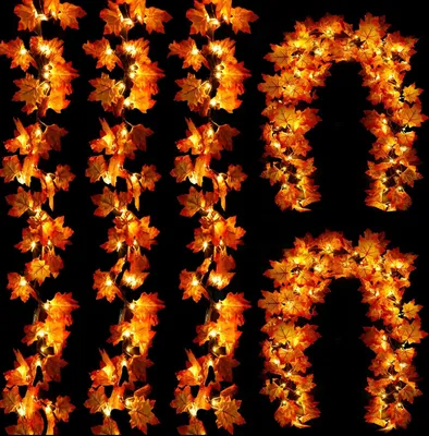 Produktbild von 5er-Pack Herbstgirlanden mit Ahornblättern, Herbstdekoration, 50 Fuß/100 LEDs, vergrößerte Herbstblätter, Herbst-Lichterkette, wasserdicht, batteriebetrieben, Thanksgiving, Halloween, Herbsternte, Zuhause, Innen- und Außendekoration
