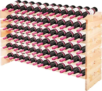 A wooden wine rack filled with red wine bottles, presented against a white background.
