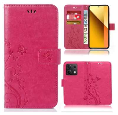 A collage of images showing a pink phone case with a floral and butterfly design, including a view of the case open with cards and a phone inside, and a view of the back of the case.