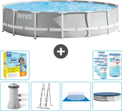 Produktbild von Intex Round Prism Frame Swimming Pool – 457 x 107 cm – Grau – inklusive Pumpe – Leiter – Bodenplane – Abdeckung Wartungspaket - Filter