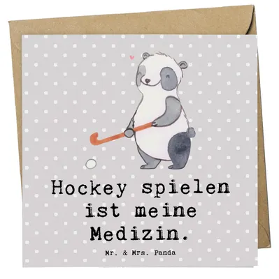 Produktbild von Mr. & Mrs. Panda doppelkarte Panda Hockey spielen - Grau Pastell - Geschenk, Grußkarte, anlasskarte, Feldhockey, faltkarte, Verein, Glückwunschkarte, Hockeyschläger