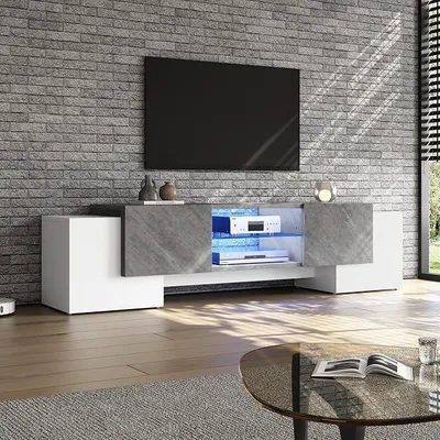 Productafbeelding van Kast, TV-dressoir met LED-verlichting, modern tv-meubel voor 60/65/70 inch televisies, TV-standaard met 4 deuren, glazen planken, TV-meubel voor woonkamer en slaapkamer, TV-meubel, wit en grijs