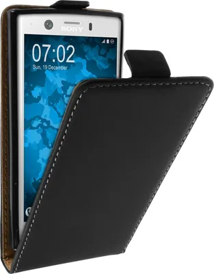 A black flip case for a Sony Xperia XZ1 Compact phone, shown open.