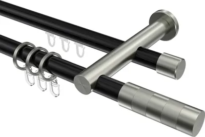 Produktbild von Interdeco Rundrohr-Innenlaufstange / Gardinenstange (Kombination) Schwarz / Edelstahl-Optik, Typ Platon Mavell (Zylinder Bicolor), 20 mm Ø 2-läufig, 540 cm