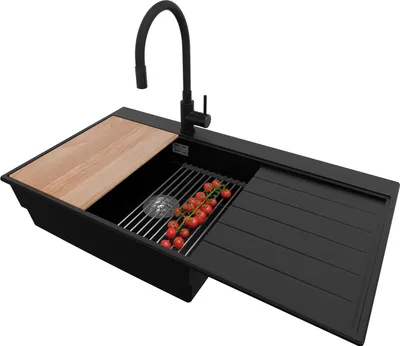 Produktbild von PRIMAGRAN Granitspüle Schwarz 90x50cm, Spülbecken 1 Becken + Küchenarmatur 40x38cm + Ablauf-Set + Küchenzubehörset, Küchenspüle ab 60er Unterschrank - Sydney