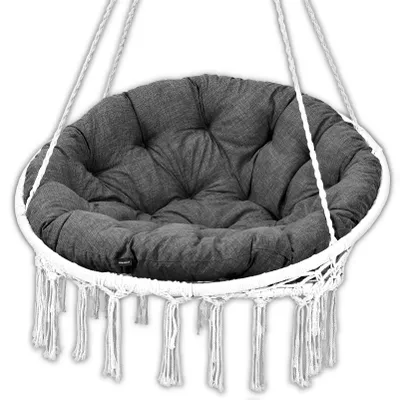 A hanging chair cushion with fringe detail, shown against a white background.