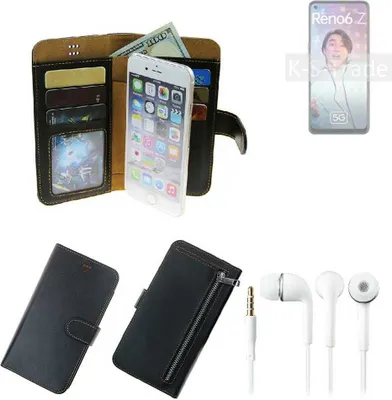 Produktbild von TOP SET Handy Hülle Schutz Hülle kompatibel mit Oppo Reno6 Z 5G  schwarz aus Kunstleder + Kopfhörer Smartphone Tasche vollwertige Geldbörse
