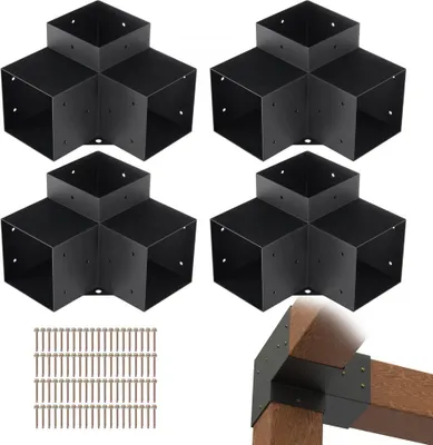 Obrázek produktu pro Sada 4 spojovacích prvků pro ocelové sloupky - ocelové desky o tloušťce 2 mm - rohový spojovací prvek pro pergolu - sada držáků pro dřevěné trámy - 90° konstrukce bot - rohový držák - spojovací prvek pro altán - 270 x 270 x 202 mm